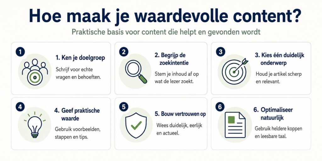 Visueel overzicht van stappen om waardevolle content te maken die opgelost voor lezers